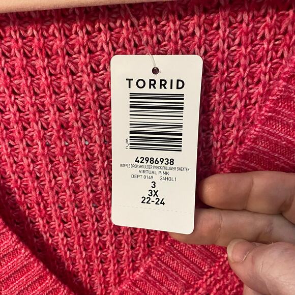 Torrid NWT 3X Virtual Pink Waffle Knit Drop Shoulder V-Neck Pullover Sweater - Picture 3 of 6